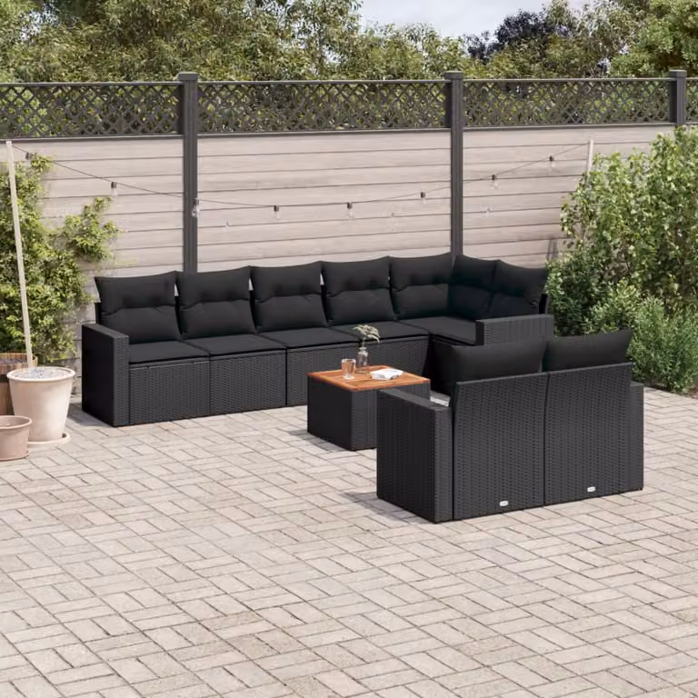 Set di divani da giardino vidaXL in polyrattan nero con cuscini e tavolino da esterno a forma di U