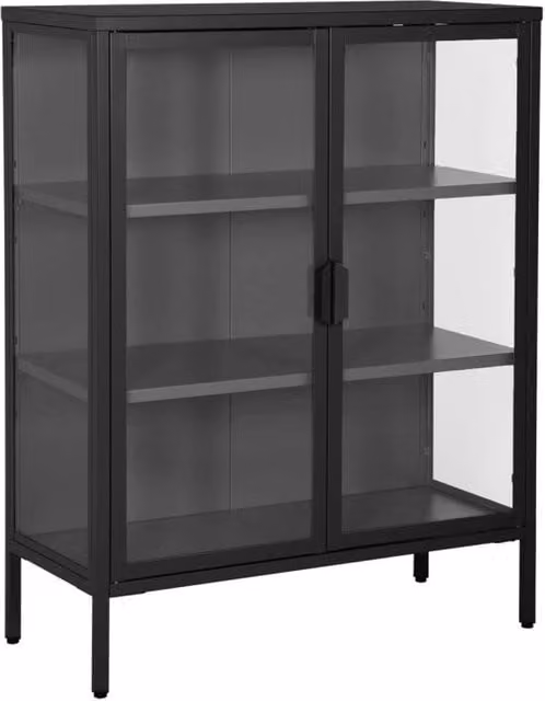 Vetrina Sweeek in stile industrial in metallo e vetro con 2 ante e ripiani interni, colore nero opaco, L: 80 cm, H: 102 cm, P: 35 cm
