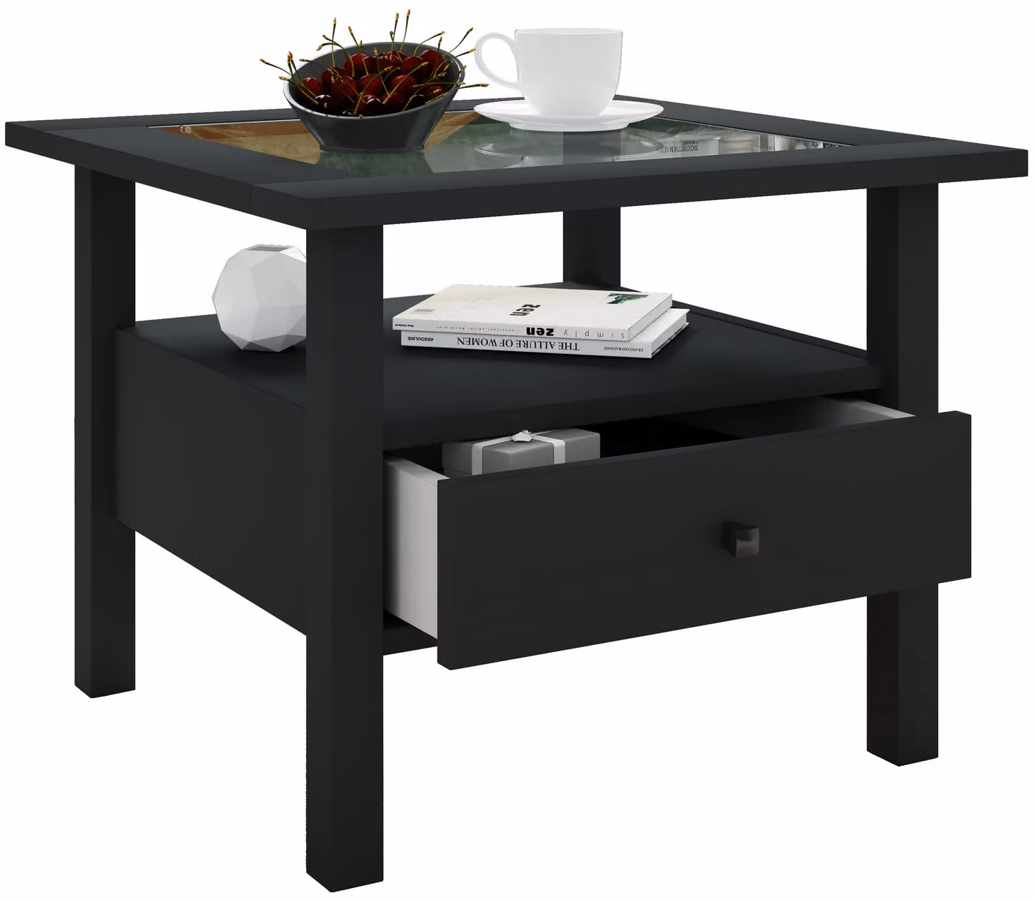 Tavolino in legno con vetro di sicurezza ESG | Tavolino semplice | Dimensioni ca. H. 42 x W. 54 x D. 54 cm | Tavolo soggiorno con cassetto | Divano - Lingis M