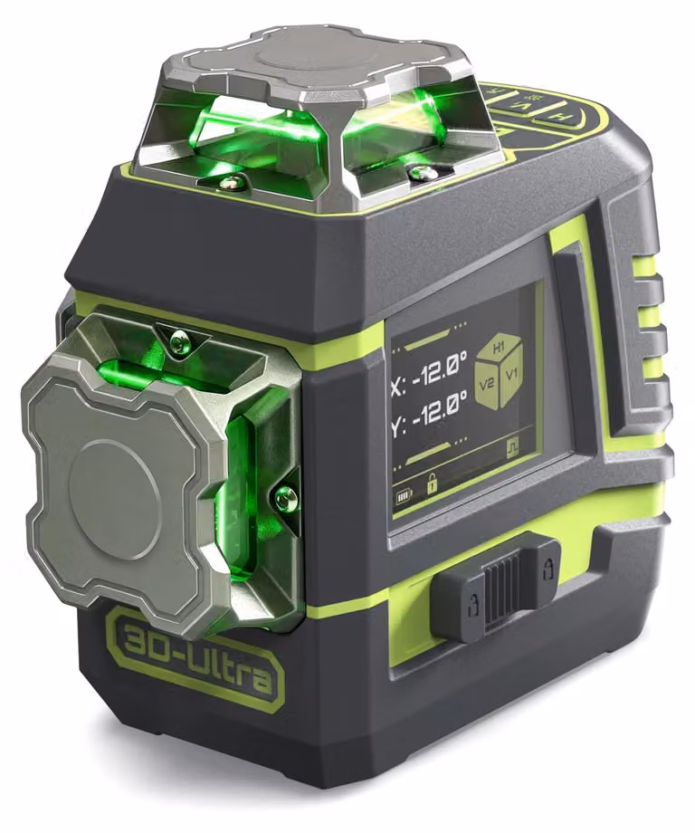 Livella laser 3x360° con linee verdi - Autolivellante - Include batteria e supporto