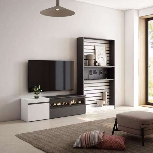 Mobile TV da soggiorno SKRAUT HOME con camino elettrico, per TV fino a 65 pollici, Bianco e nero, L: 260 cm, P: 35 cm, H: 186 cm – 1