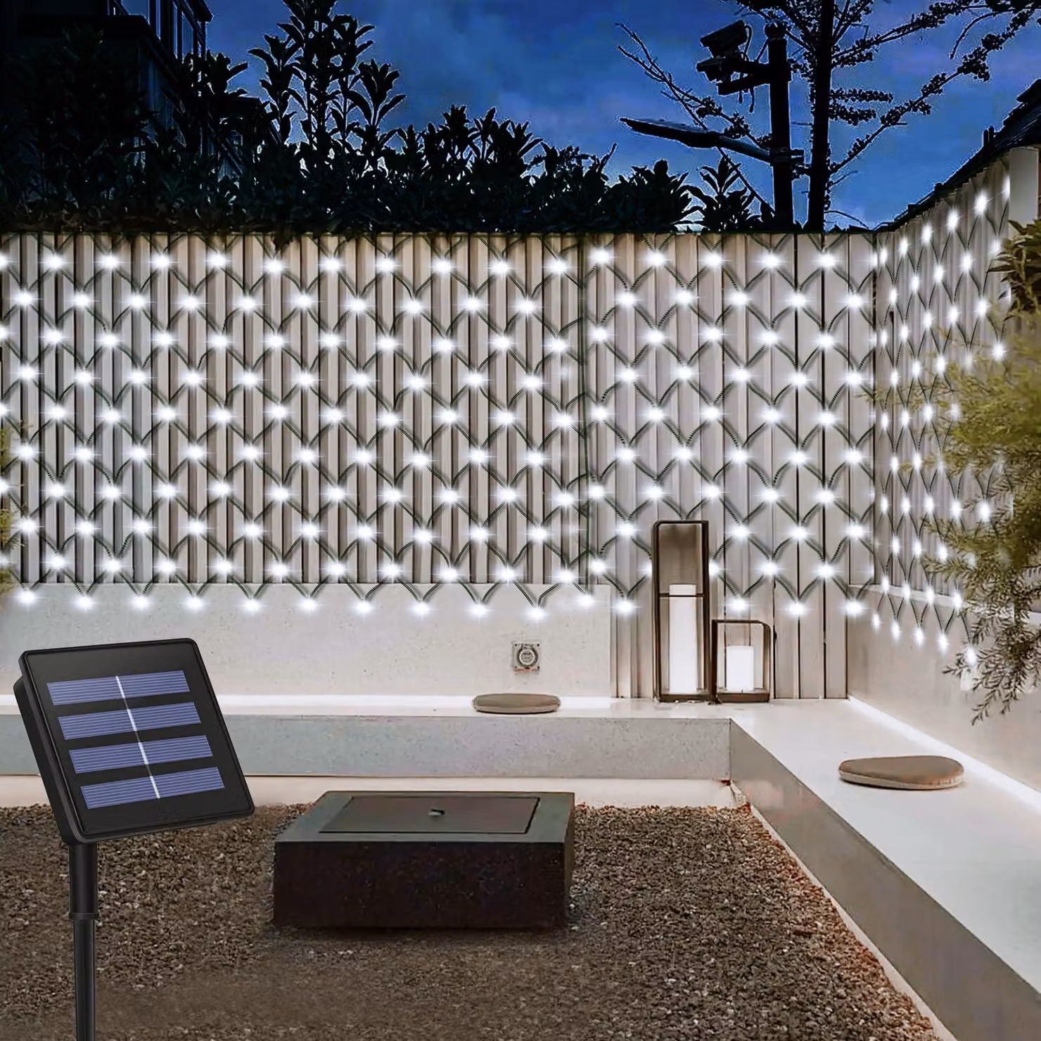 Catena luminosa solare, 3x2 metri, 200 LED, luce bianca fredda, 8 modalità