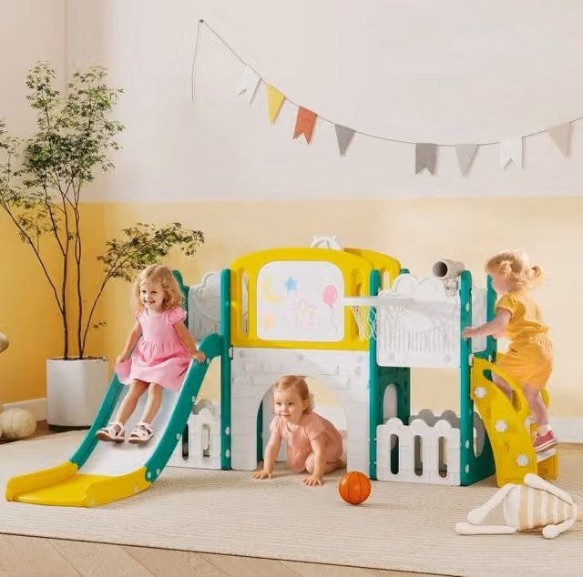 Set gioco 7 in 1 ULEVR con scivolo per bambini, canestro, tunnel e parete da arrampicata, 176x150x94 cm, giallo
