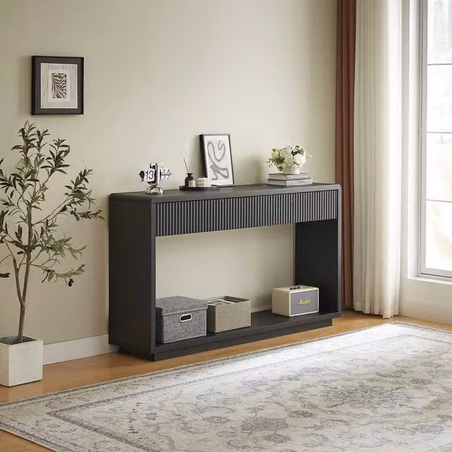 Consolle da ingresso Minimal nera con 2 cassetti e ripiano in finitura noce L: 150 cm – 1