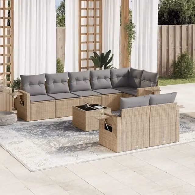 Set Divano da Giardino 9 pz con Cuscini Beige in Polyrattan 3220428