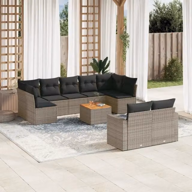 Set Divano da Giardino vidaXL in Polyrattan Grigio con Cuscini e Tavolino da Esterno a Forma di U