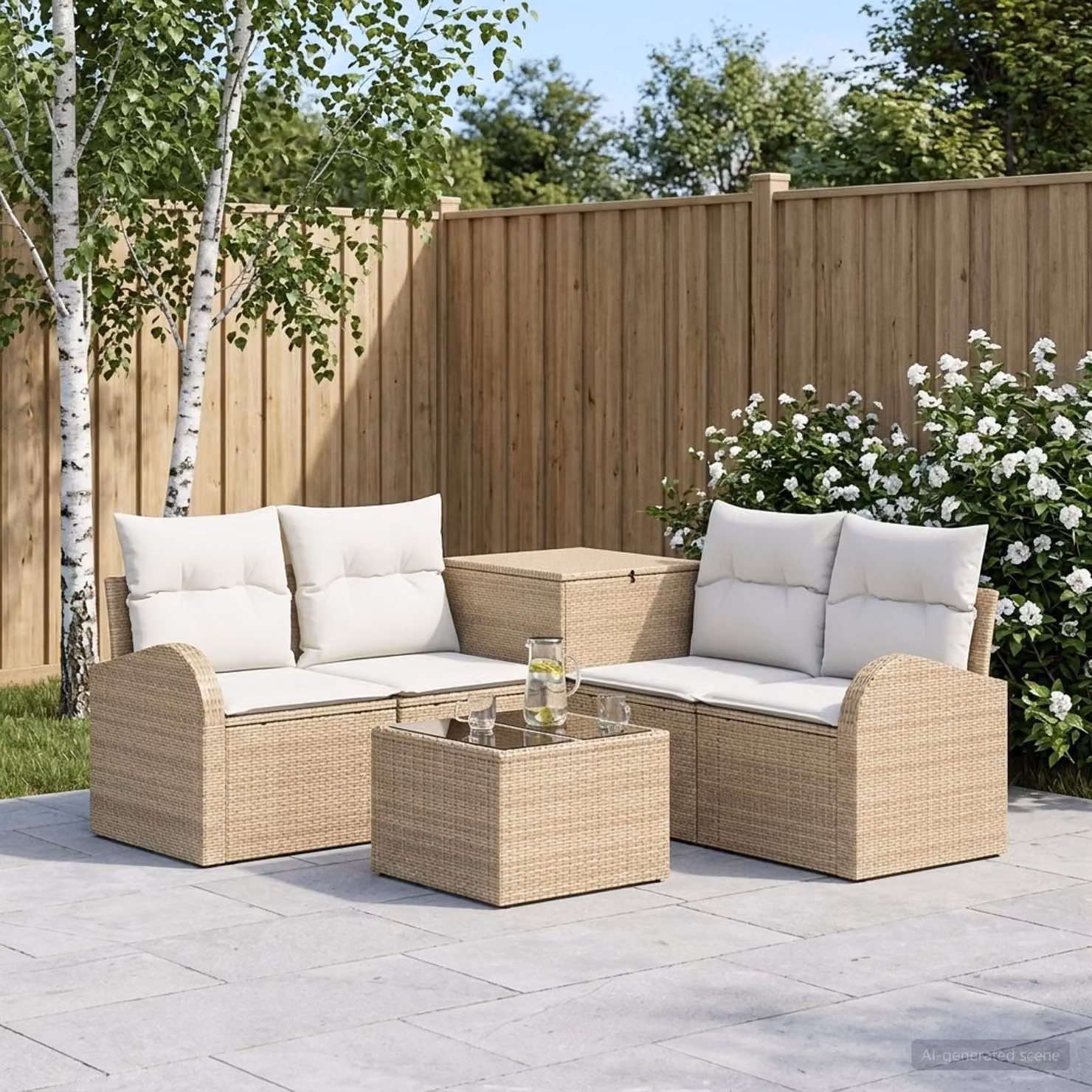 Set di divani da giardino vidaXL 6 pezzi beige e bianco crema con struttura in metallo e cuscini inclusi