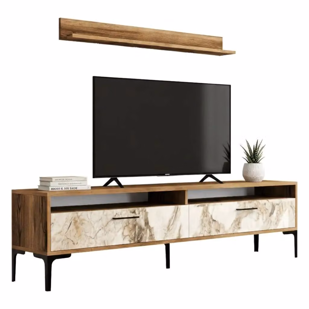 Parete attrezzata Oho DMORA per soggiorno, mobile salotto multiuso con armadio porta TV, L: 180 cm, P: 35 cm, H: 47 cm, Noce e Bianco Marmo – 2