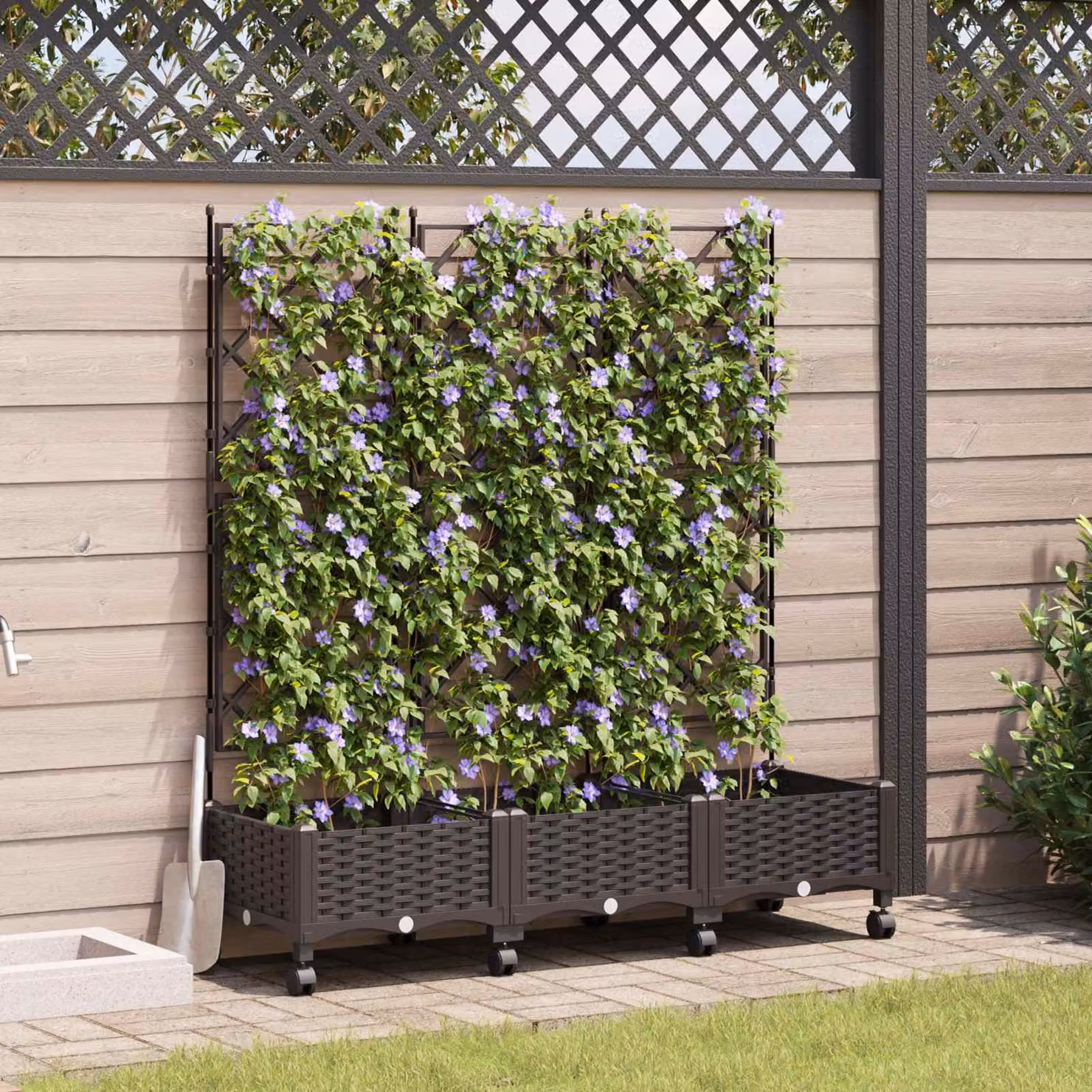Set di 3 vasi da giardino con grigliato e ruote vidaXL, colore marrone, in plastica
