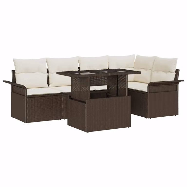 Set Divano da Giardino vidaXL 6 Pezzi Moderno a Forma di L Marrone e Beige con Cuscini e Tavolino