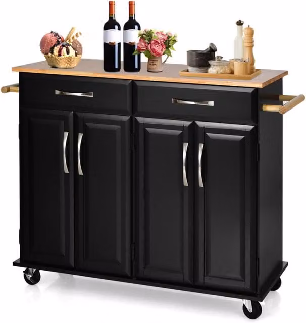 Carrello da cucina con piano di lavoro in legno di gomma 4 ante ripiani regolabili, Carrello porta utensili Nero
