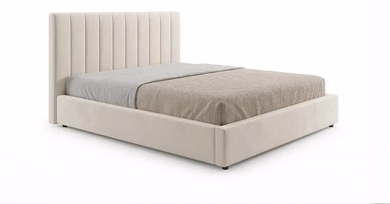 Letto imbottito KAWOLA CATTURA in velluto color crema, 180x200 cm, con rete a doghe