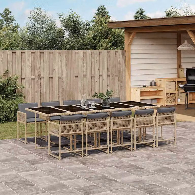 Set Pranzo da Giardino vidaXL 11 pz in Polyrattan con Cuscini Beige Misto e Tavolo in Vetro
