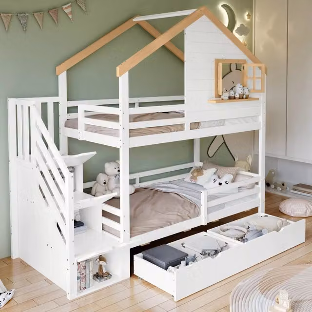 Letto a castello Mivray per bambini in legno bianco e naturale con scala a cassetti e struttura a casetta L/P/H: 200 x 90 x 195 cm