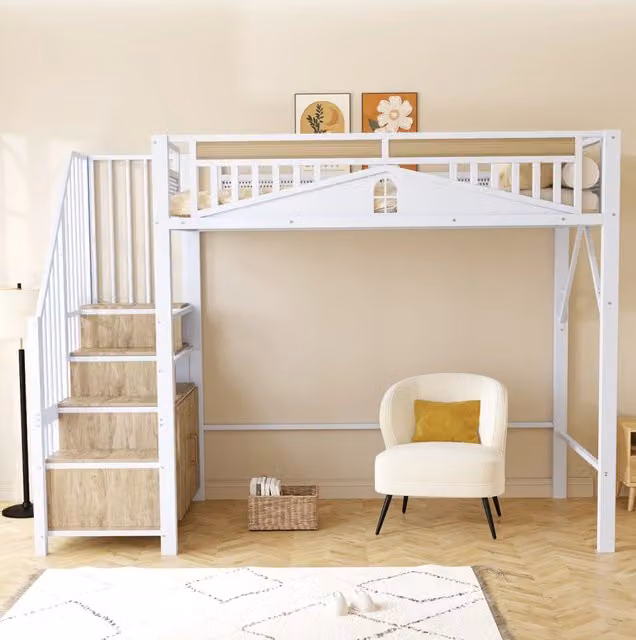 Letto a soppalco 90x200 cm bianco in metallo con scala e contenitori