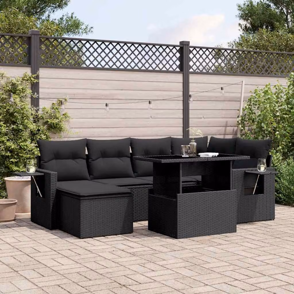 vidaXL Set Divani da Giardino a L con Cuscini 7pz Nero Polyrattan – 1