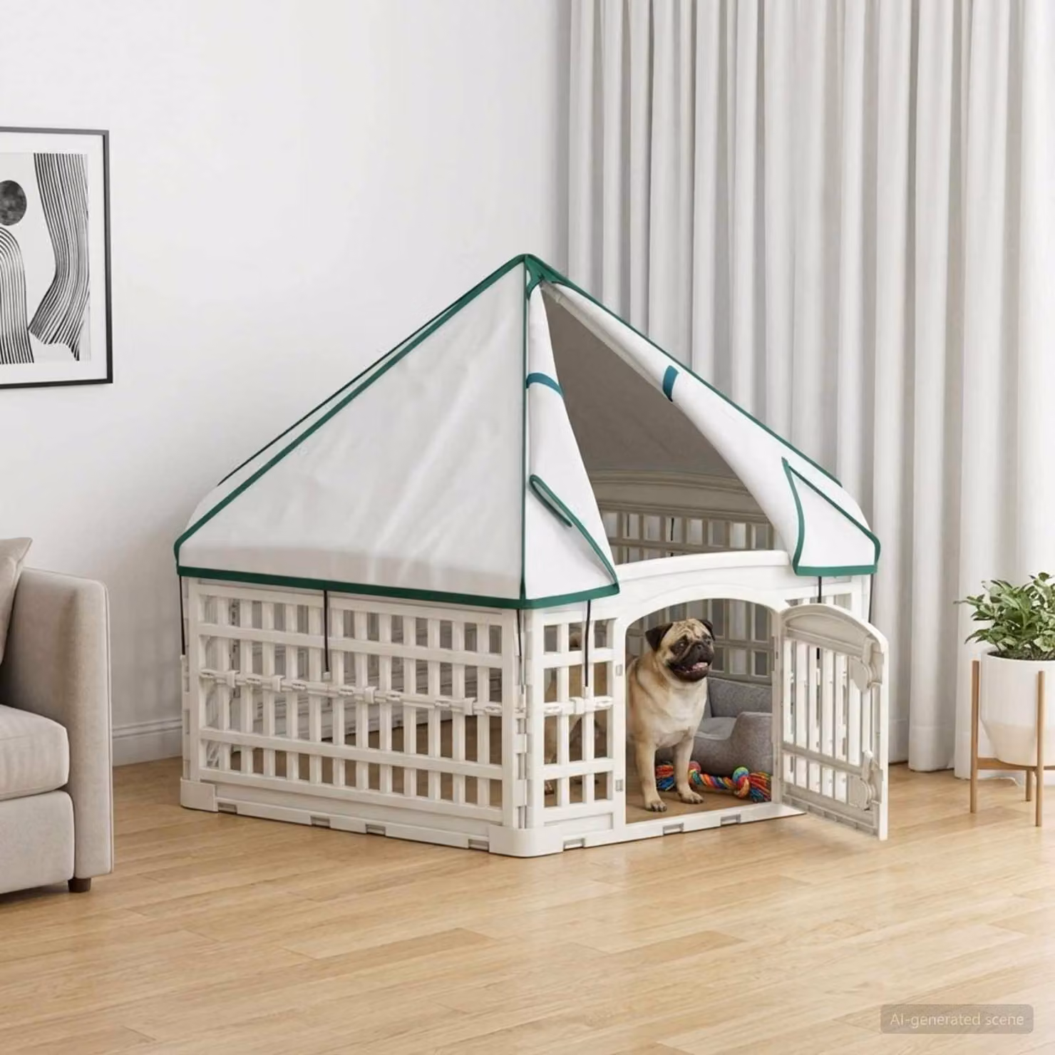 Panchetto per cani vidaXL a 6 pannelli in plastica bianca, resistente alle intemperie, L 122 cm x P 106,5 cm x H 82 cm