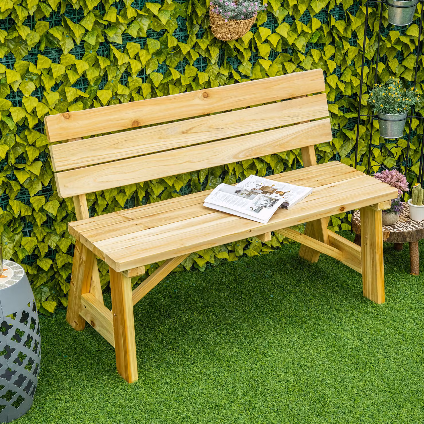 Panchina da giardino Outsunny a 2 posti in legno con schienale alto, Colore beige e marrone, L: 116 cm, P: 56 cm, H: 80 cm – 2