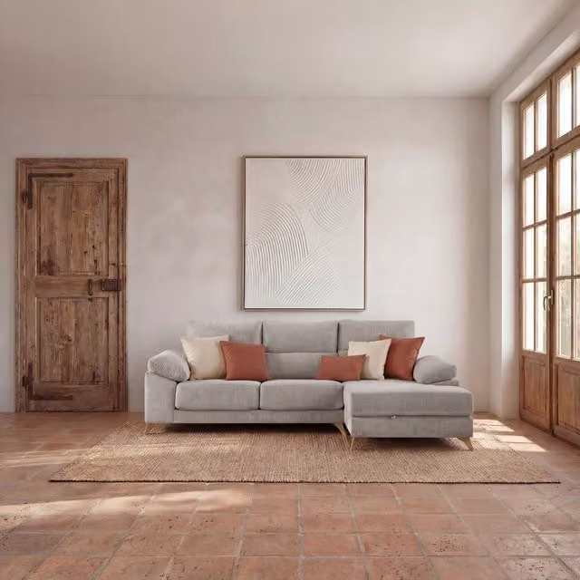 Divano chaise longue Dandy Banak a 4 posti con stoccaggio, colore perla, configurazione a L con lato destro, dotato di poggiatesta regolabile e cuscini decorativi