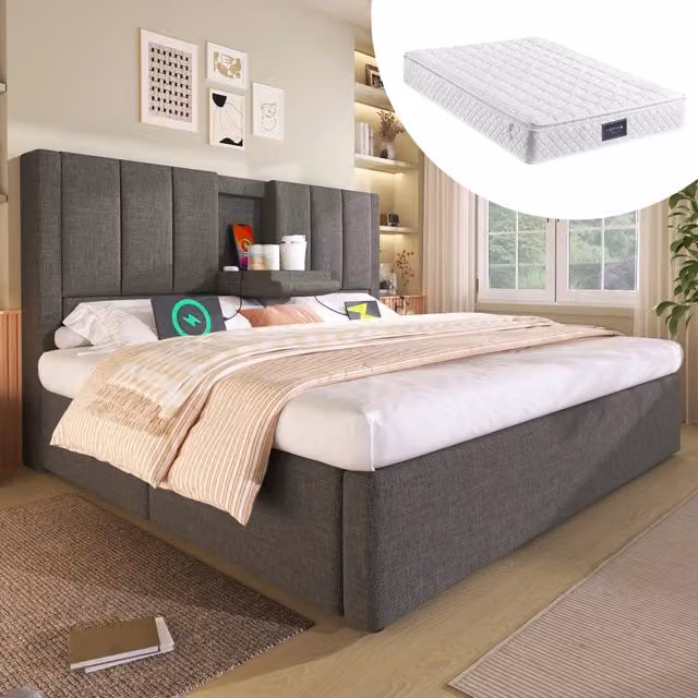Letto Contenitore Imbottito 140x200 ¨C MINIMAL ¨C Grigio, Idraulico, con Materasso, Rete a Doghe