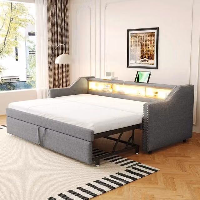 Letto Imbottito Minimal con Contenitore, LED e USB Grigio Chiaro L: 90 cm, P: 190 cm