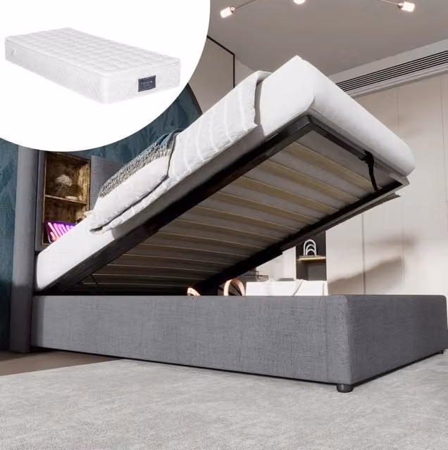 Letto singolo imbottito 90x200 cm con contenitore; ricarica wireless; USB e Type-C; cotone grigio