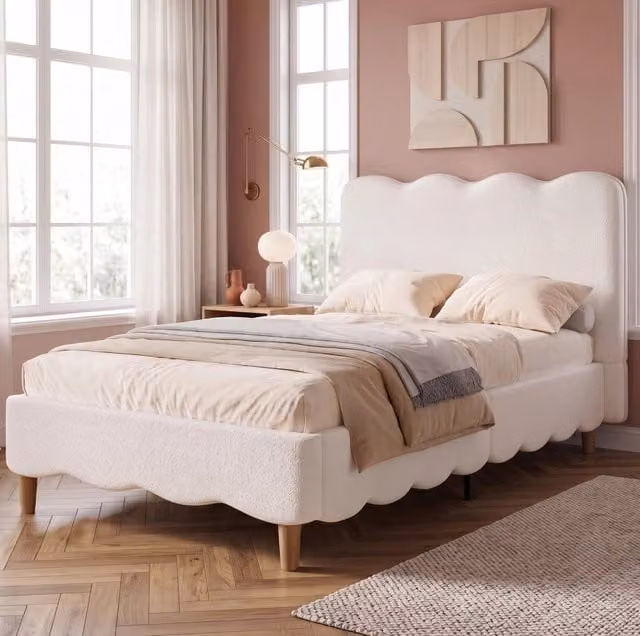 Letto singolo per bambini 90x200 cm con rete e testiera imbottita in bouclé; bianco