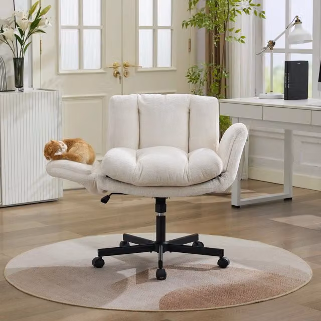 Sedia da Ufficio Girevole Minimal in Chenille Beige con Braccioli e Ruote