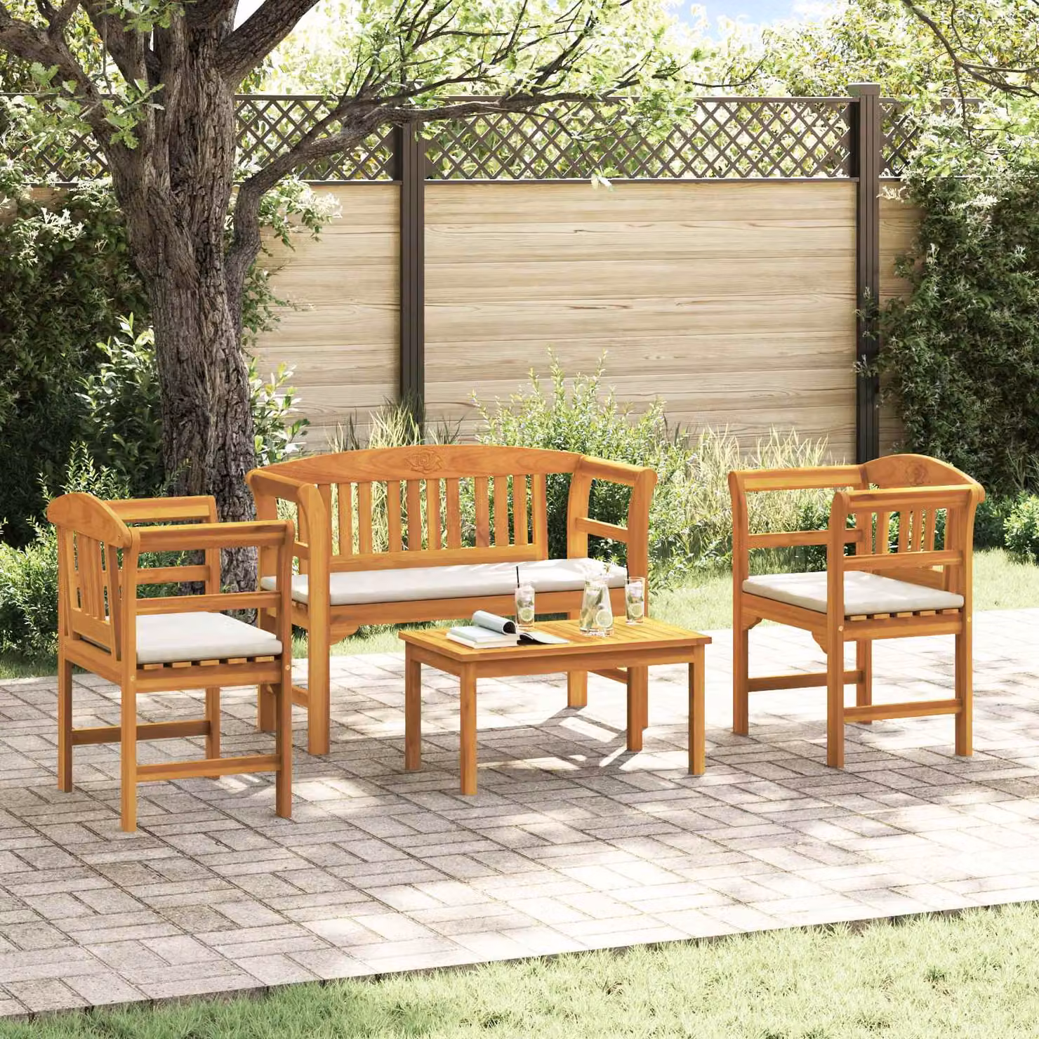 Set da giardino vidaXL in legno di acacia massello marrone con divano a 2 posti, tavolino da caffè e cuscini inclusi