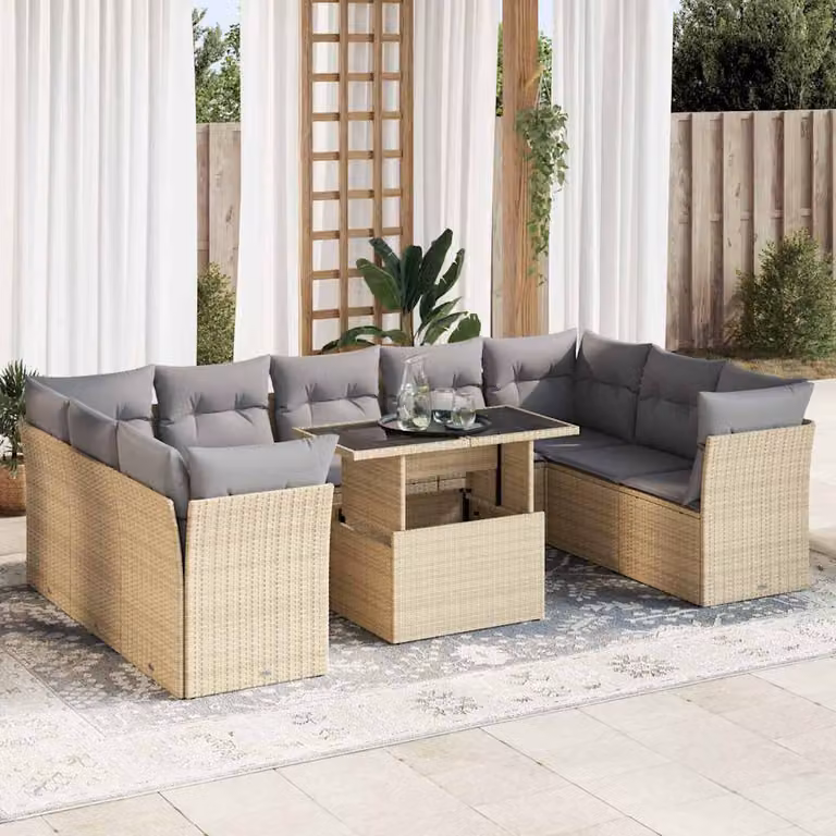 Set Divano da Giardino vidaXL 10 pz con Cuscini Beige e Tavolino in Polyrattan e Acciaio