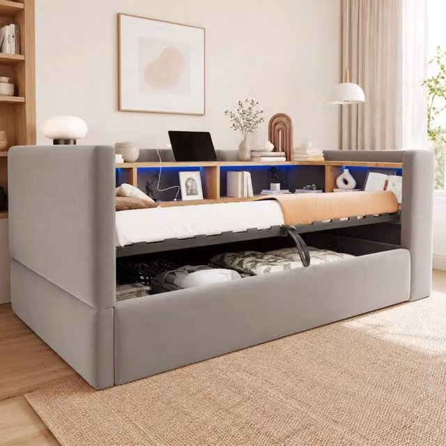 Divano letto imbottito 90x190 cm con vano contenitore; LED e prese; grigio scuro