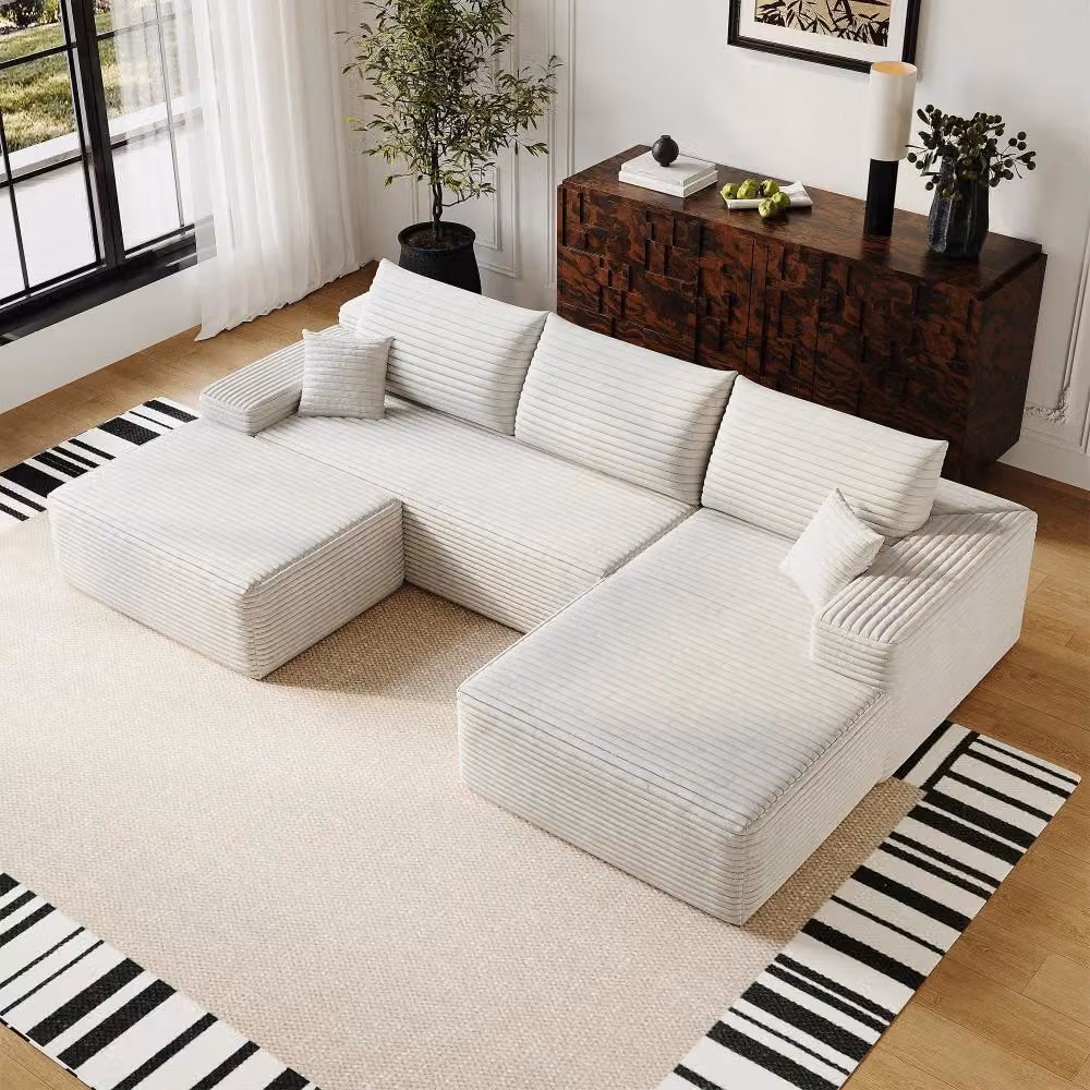 Divano angolare modulare a forma di L - 4 posti - Rivestito in tessuto corduroy - Chaise longue a destra - Bianco - Non richiede montaggio