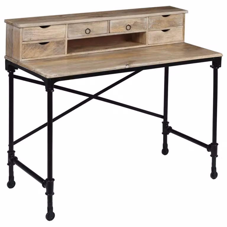 The Living Store Scrivania in legno massiccio di mango e acciaio 110 x 50 x 96 cm