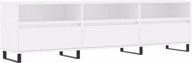 Mobile TV moderno bianco in legno e metallo con scomparti multimediali L: 150 cm, P: 30 cm, H: 44,5 cm