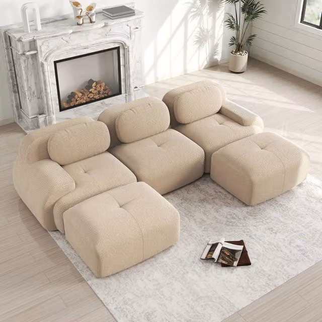 Divano angolare modulare senza struttura in velluto a coste beige 298×178×70 cm