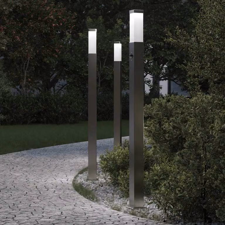 Set di 3 lampioni a paletto vidaXL con sensore di movimento in acciaio inox color argento, Altezza: 110 cm, protezione IP44