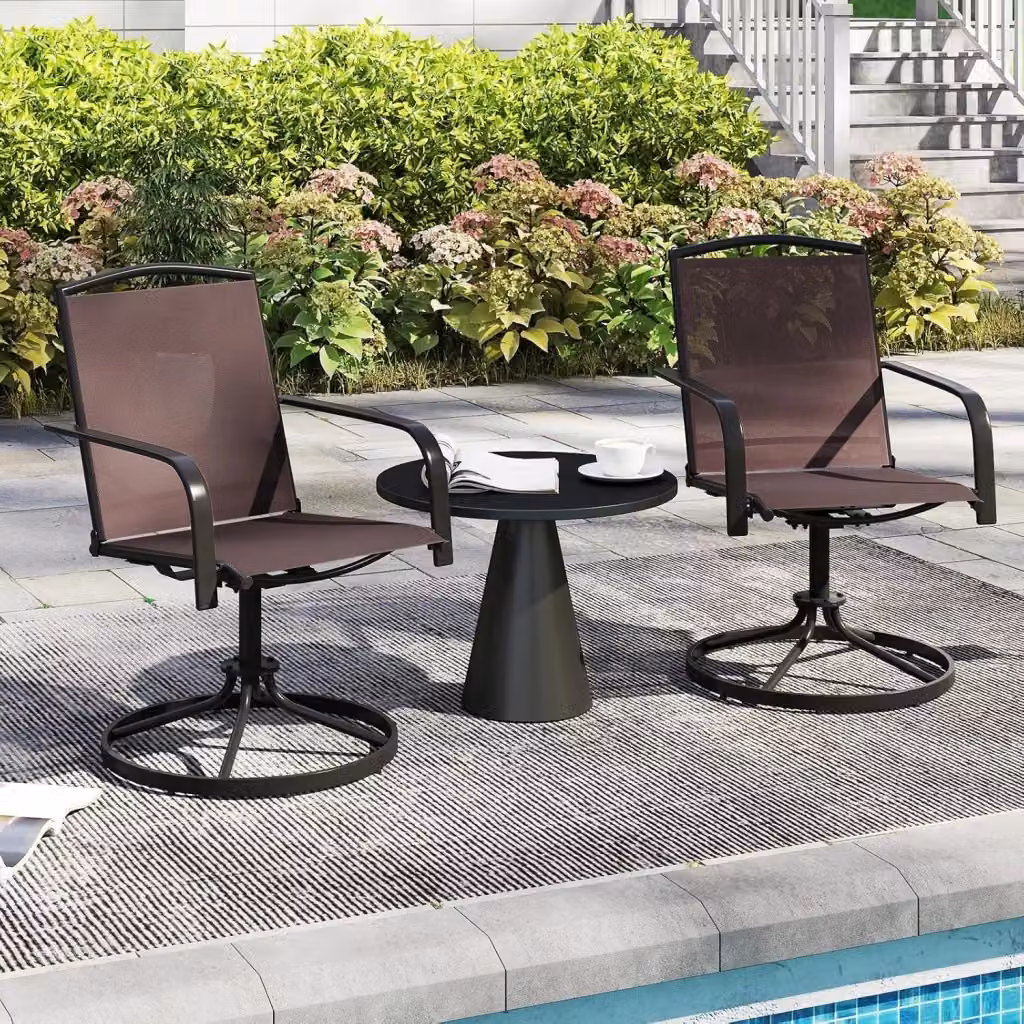 Set di 2 Sedie da Patio Girevoli COSTWAY, Poltrone a Dondolo in Rete con Schienale Alto e Base Rotonda in Metallo per Giardino e Balcone, Marrone – 2