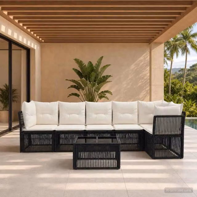 Set Divano da Giardino a L con Tavolino vidaXL, 7 Pezzi in Polyrattan Nero con Cuscini in Schiuma e Rivestimenti Rimovibili – 1