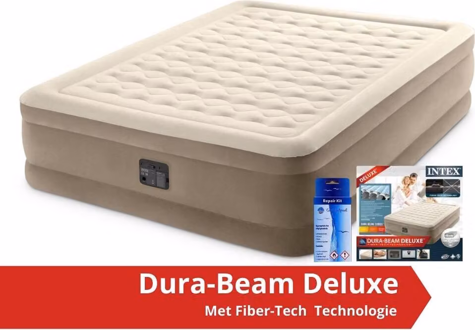 Intex Ultra Plush - Materasso ad aria - Matrimoniale - Con kit di riparazione e pompa incorporata - 203x152x46 cm - PVC - Beige