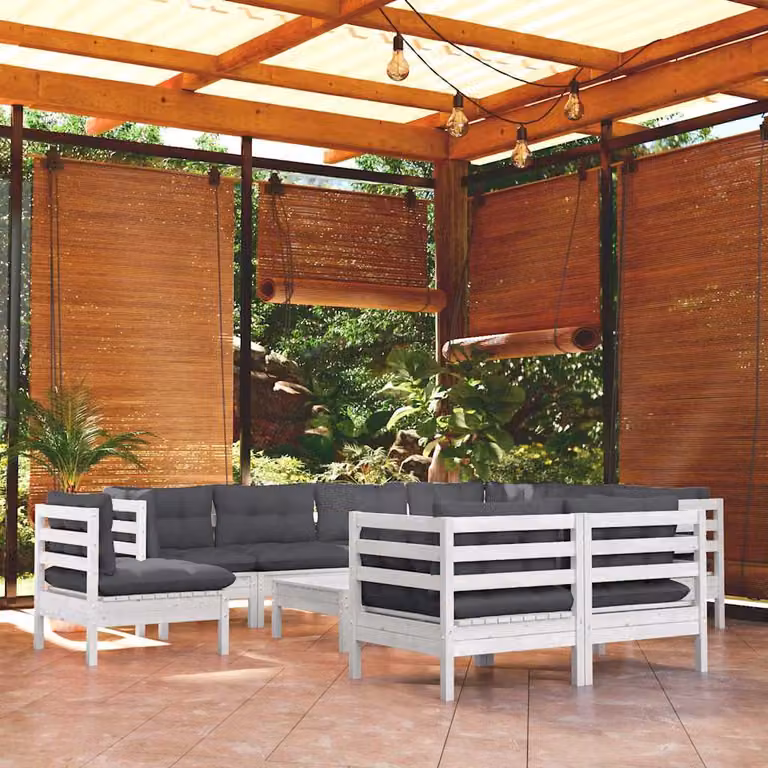 Set di divani da giardino vidaXL a forma di U composto da 10 pezzi in legno di pino trattato con cuscini bianchi e antracite