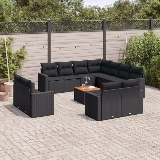 Set di divani da giardino VIDAXL in polyrattan nero con cuscini, 12 pezzi – 1