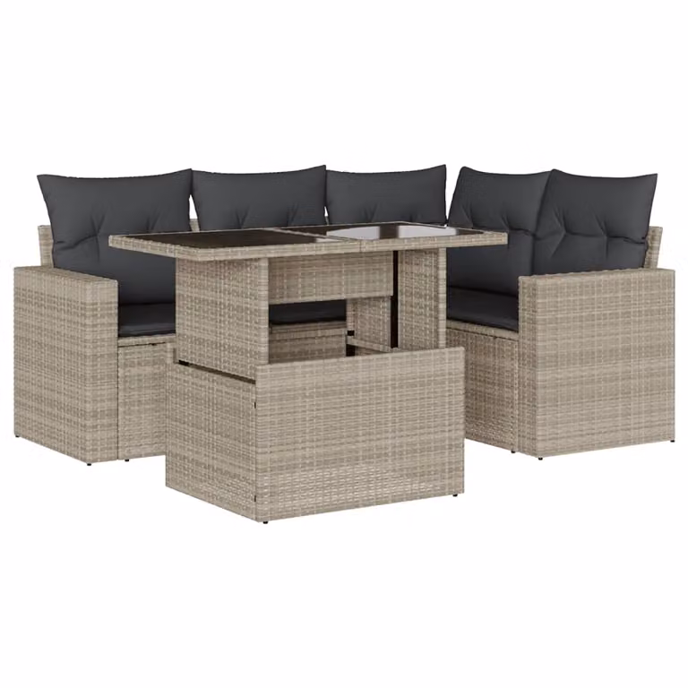 Set Divano da Giardino 5pz con Cuscini Grigio Chiaro Polyrattan