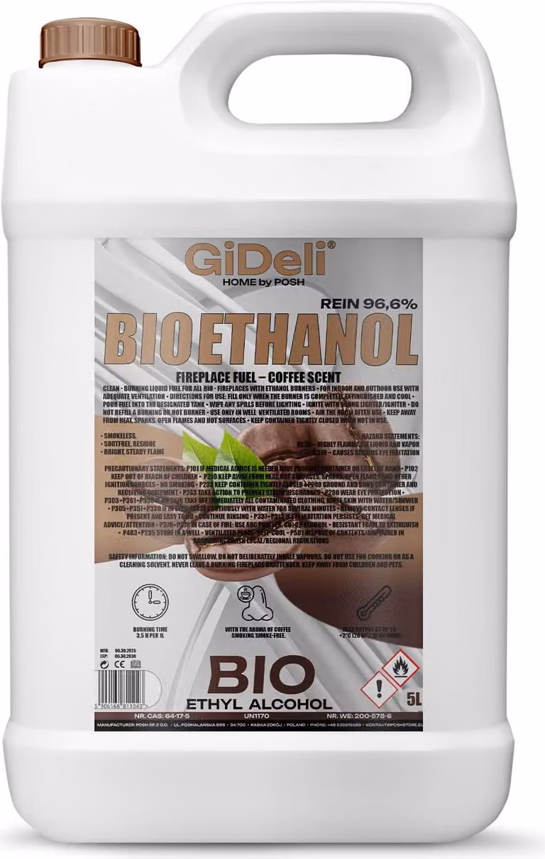 Bioetanolo profumato al caffè 96,6% 5L per caminetti universali senza fumo e senza fuliggine GiDeli