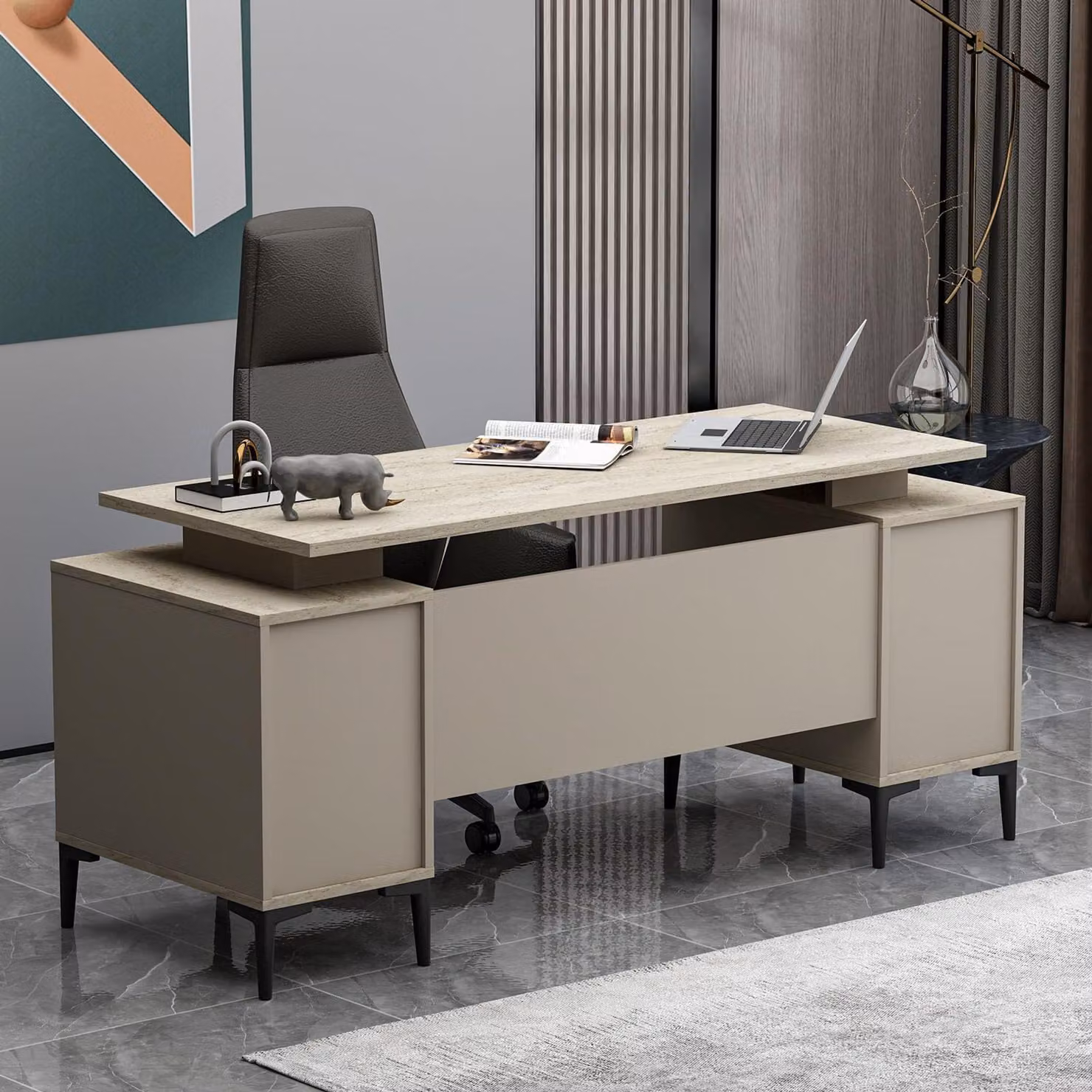 Homidea Branco: Scrivania direzionale - Scrivania moderna con spazio contenitivo (beige-travertino)