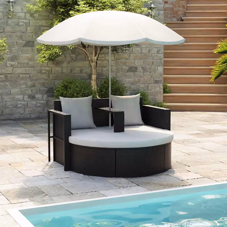 vidaXL Lettino da Giardino in Polyrattan con Ombrellone e Tendalino Nero