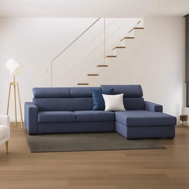 Divano ad angolo Ameno TALAMO ITALIA con chaise longue contenitore a destra, in tessuto blu, L: 280 cm, P: 95 cm, H: 85 cm