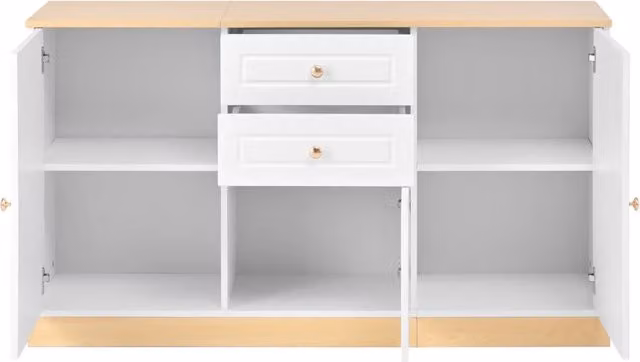 Sideboard con tre ante e doppio cassetto in bianco e legno, per soggiorno e sala da pranzo, mobili multifunzionali