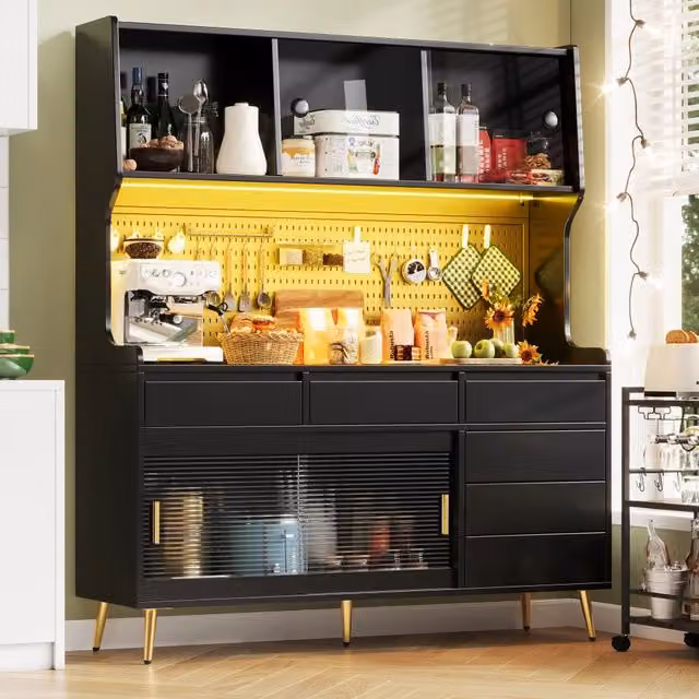 Mobile contenitore moderno con ante scorrevoli in vetro, MDF e metallo nero con illuminazione LED controllabile via app, L: 145 cm, P: 39 cm, H: 171 cm