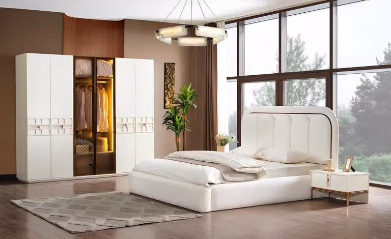 Exklusive Weiße Schlafzimmer Garnitur Textilbett Kleiderschrank Tische