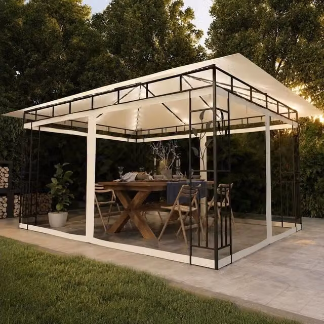 Pavilion With Mosquito Net & LED String Lights 4x3x2.73m Cream White